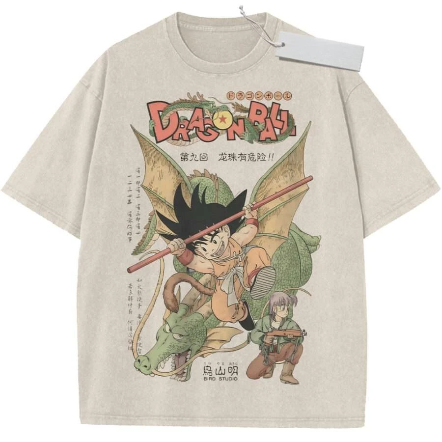 Vintage Washed Beige Dragon Ball T-Shirt Goku Reitet auf Shenron mit Power Pole Locker Sitzend Übergroß Streetwear für Lässiges Outfit Schule
