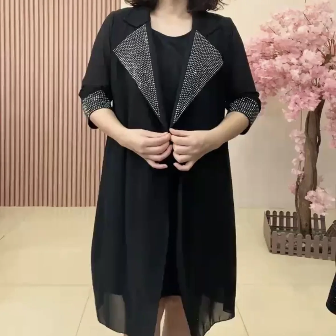 

Two Pieces Sets Dress 2025 Summer New Beading Short Sleeve Long Blazer Cardigan Solid Dress + Suit Casual Sets