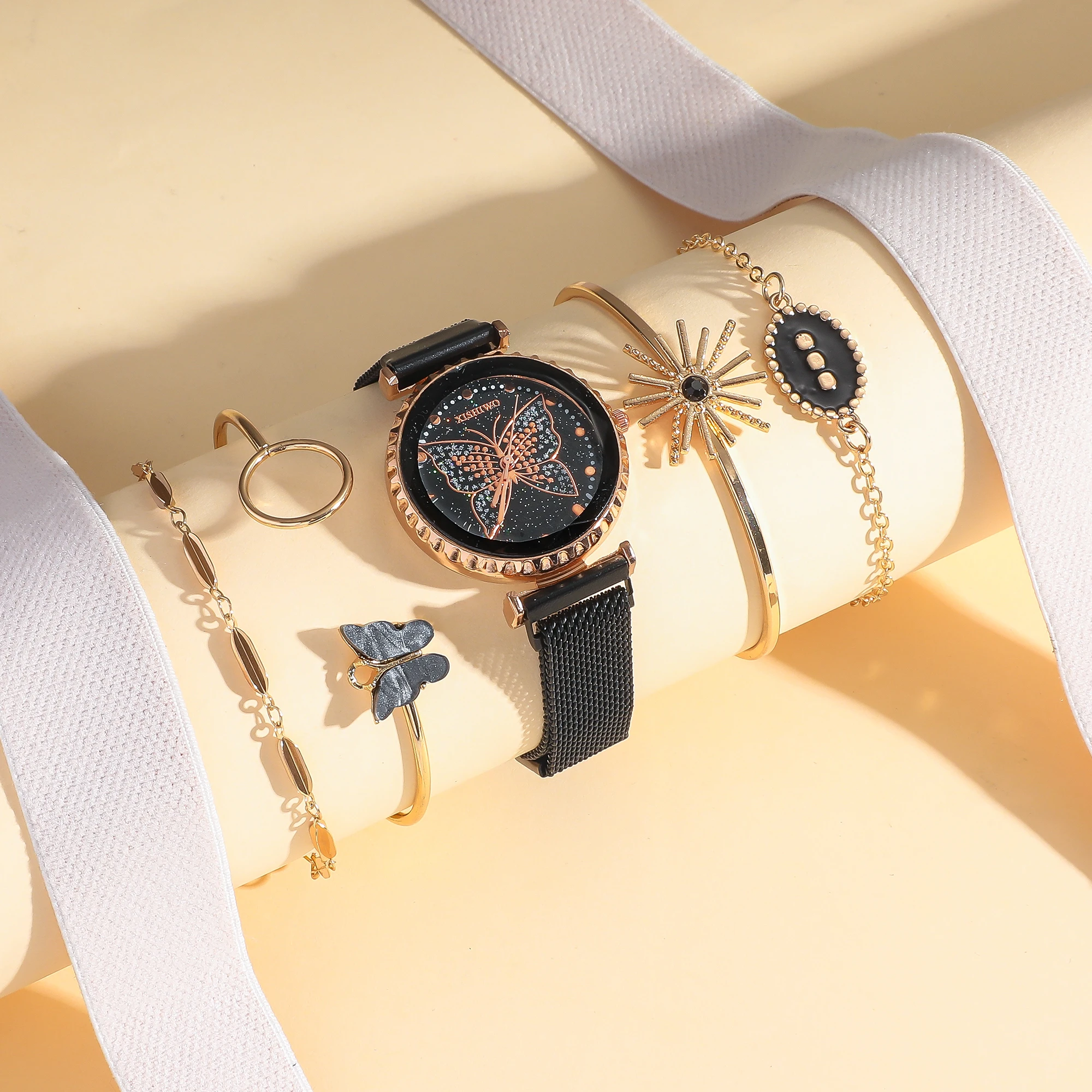 5 unids/set de relojes y pulseras de cuarzo con esfera de mariposa negra con tachuelas de diamantes para mujer; adecuado para dar a amigos