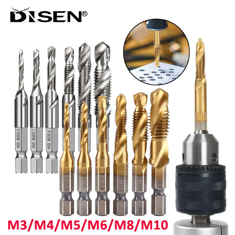 M3 M4 M5 M6 M8 M10 Tap Drill Titanium Plated Hex Shank HSS Screw Machine Compound Hand Tools Metric Thread Tap Drill Bits Set