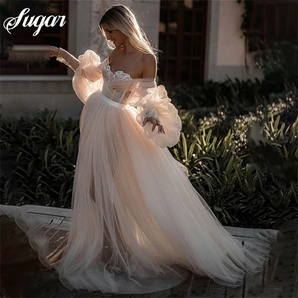 Chic Flowy plaża suknia ślubna z długim rękawem suknia ślubna w kolorze kremowym Off The Shoulder suknia ślubna Sweetheart Neck suknie ślubne
