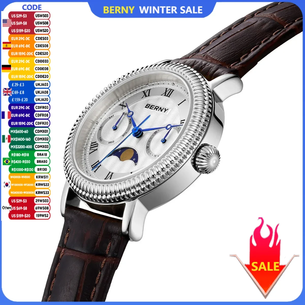 BERNY Women\'s Watches Luxury Business Dress Watch Moon Phase Elegant Quartz Ladies Wrist Watches Leather Band Stainless Steel