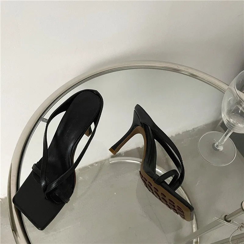 New Summer High Heel Sandals Fashion Rhinestones Thin Heels Woman Slides Women\'s Square Toe Solid Color Sandals Large Size 35~43