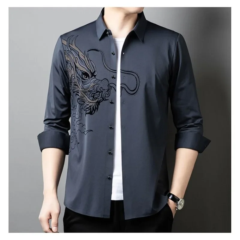 High End Mulberry Silk Shirt Men's Long Sleeved Spring Elastic Silk Seamless New Style Non Ironing Business Shirt Men's Clothing