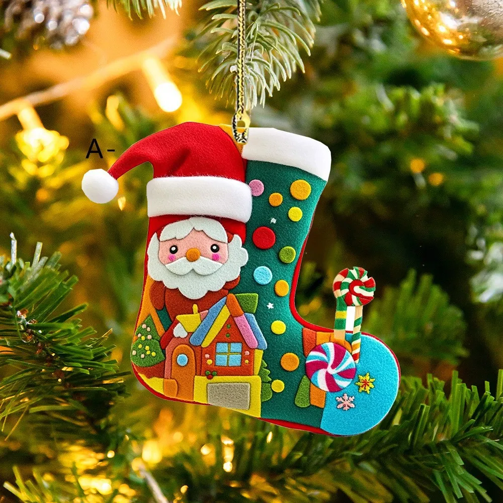 

2D Cartoon Christmas Socks Acrylic Flat Car Hanging Ornament Xmas Tree Stocking Hanger Merry Christmas Decor Happy New Year
