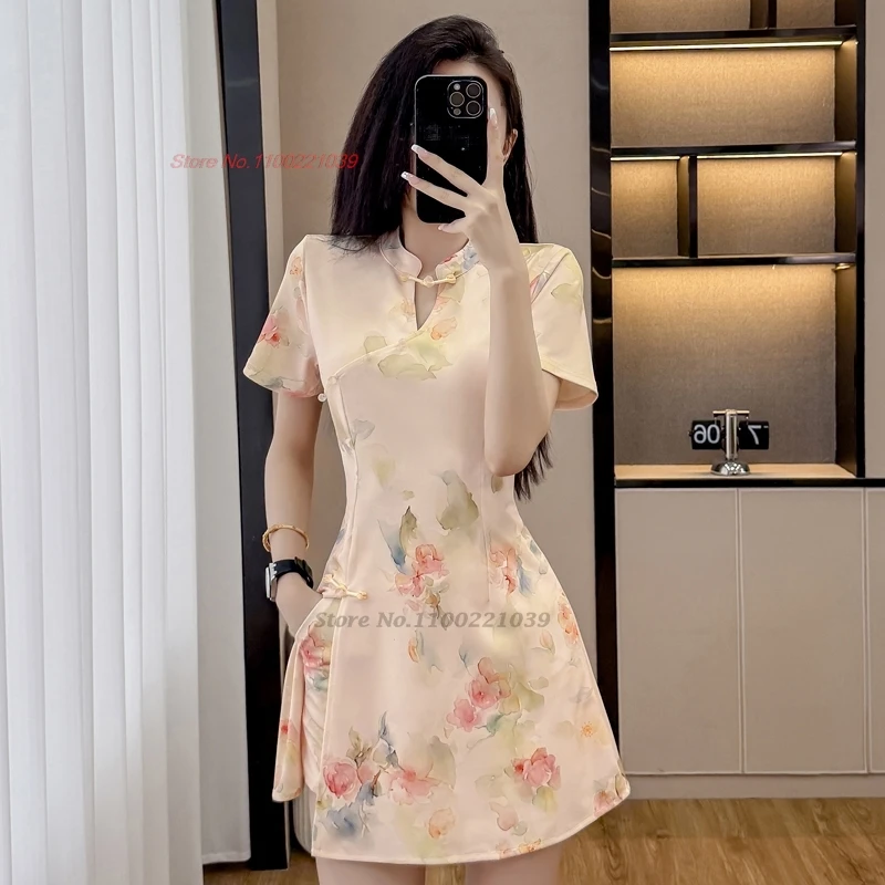 

2025 chinese sexy nightclub qipao improved cheongsam national flower print qipao dress+shorts set hotel spa work dress qipao
