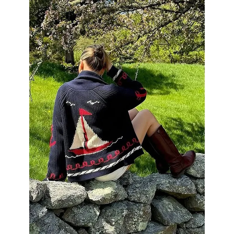 

Темно-синий свободный жаккардовый кардиган, свитер с длинными рукавами, вязаное весеннее повседневное женское пальто, модная уютная элегантная праздничная верхняя одежда