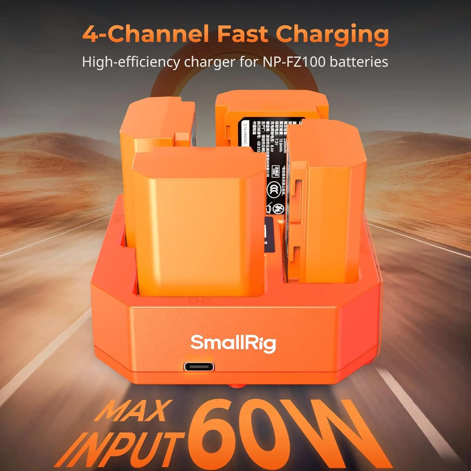 SmallRig 4-Channel Camera Battery Charger with PD 60W Fast Charge for Sony NP-FZ100 4-Slot Charger for A7IV FX3 FX30 A7S III