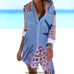 Summer Blouse Bikini Concealed Button Women Shirt Swimsuit Cardigan Underwater Animal Print Holiday Long Sleeve Beach Blouse