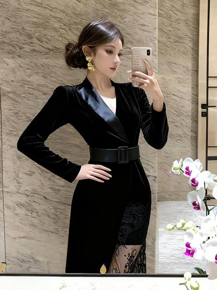 Novo outono inverno feminino cinto de veludo preto renda decoração vestido blazer colarinho bodycon fino robe senhoras elegante escritório namoro vestidos