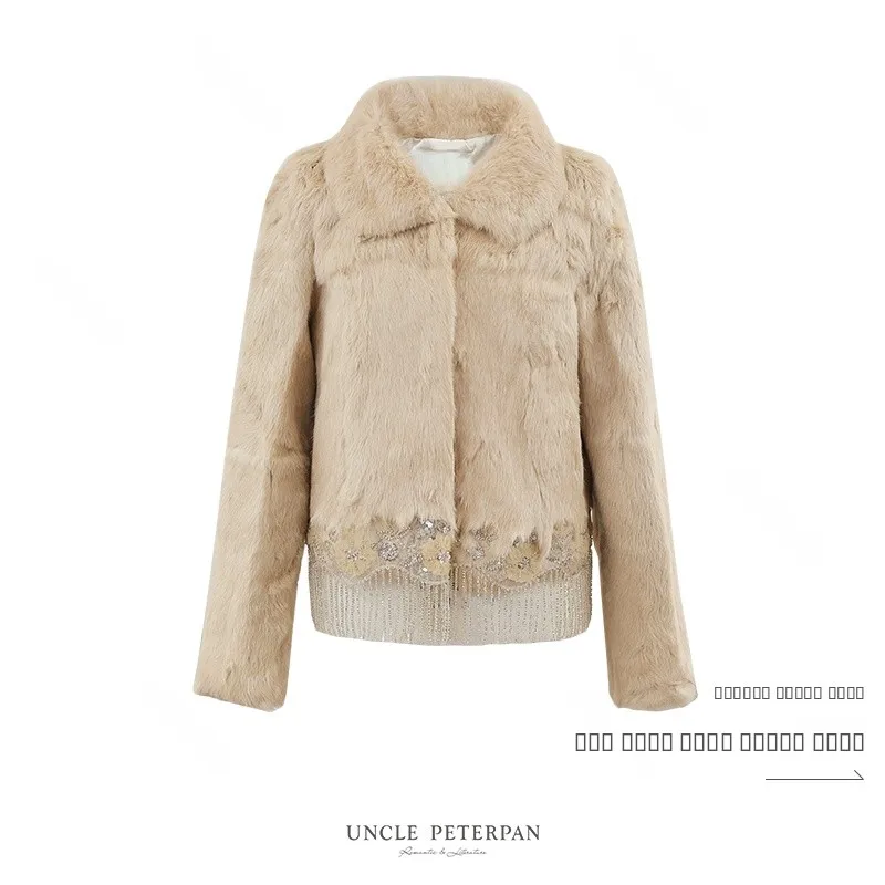 

Smooth Comfortable Long Sve Faux Fur Coat with Tassel Hem Peter Pan Uncle Bach Old Testament Outerwear Rabbit Fur Skin