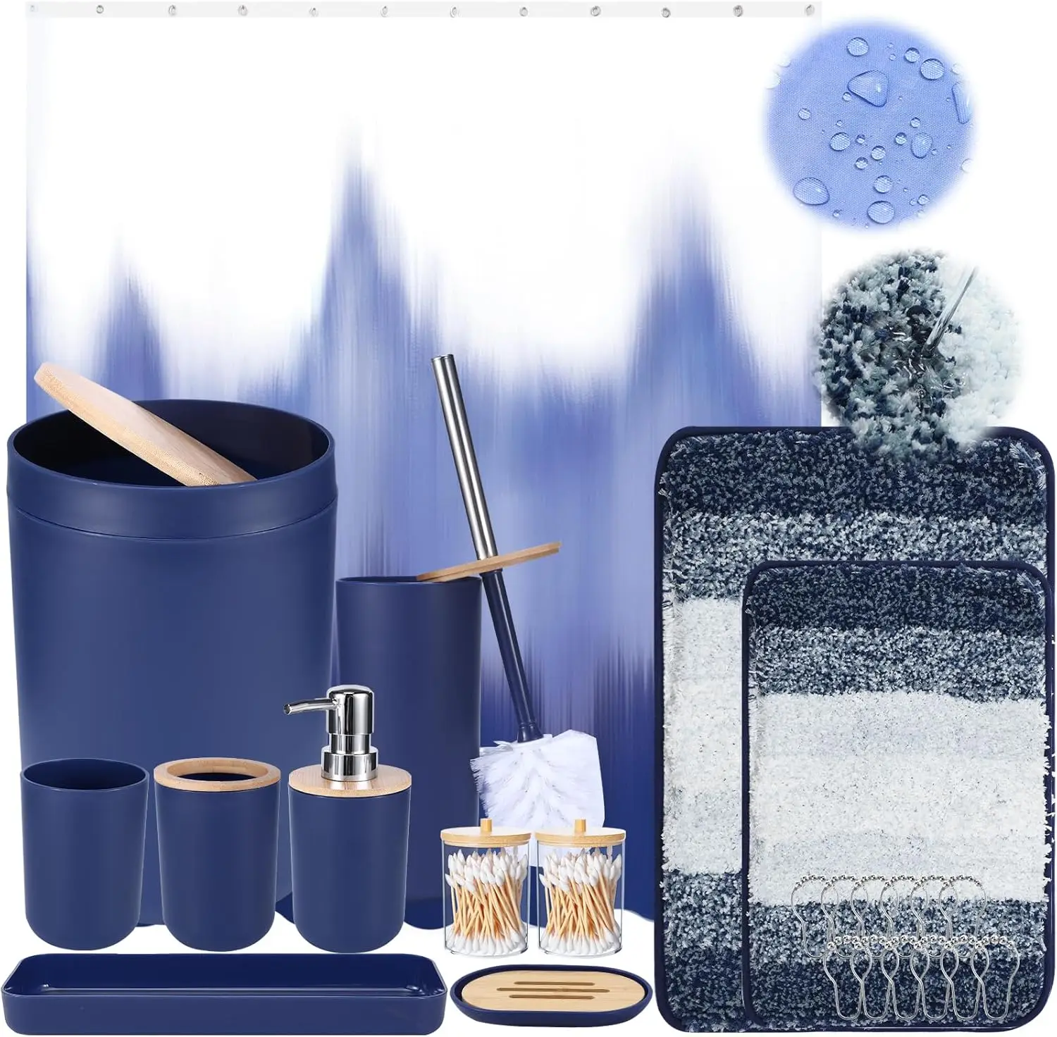 

Navy Blue Ombre Waterproof Shower Curtain with Ultra Absorbent Rug Bathroom Set for Home Decor