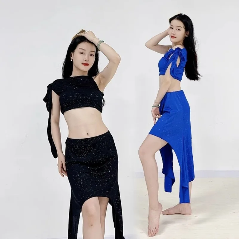 맞춤형 밸리 댄스 의상 라틴 실버 스레드 싱글 숄더 타이 조끼 불규칙한 중간 길이 허리 스커트 블랙 블루