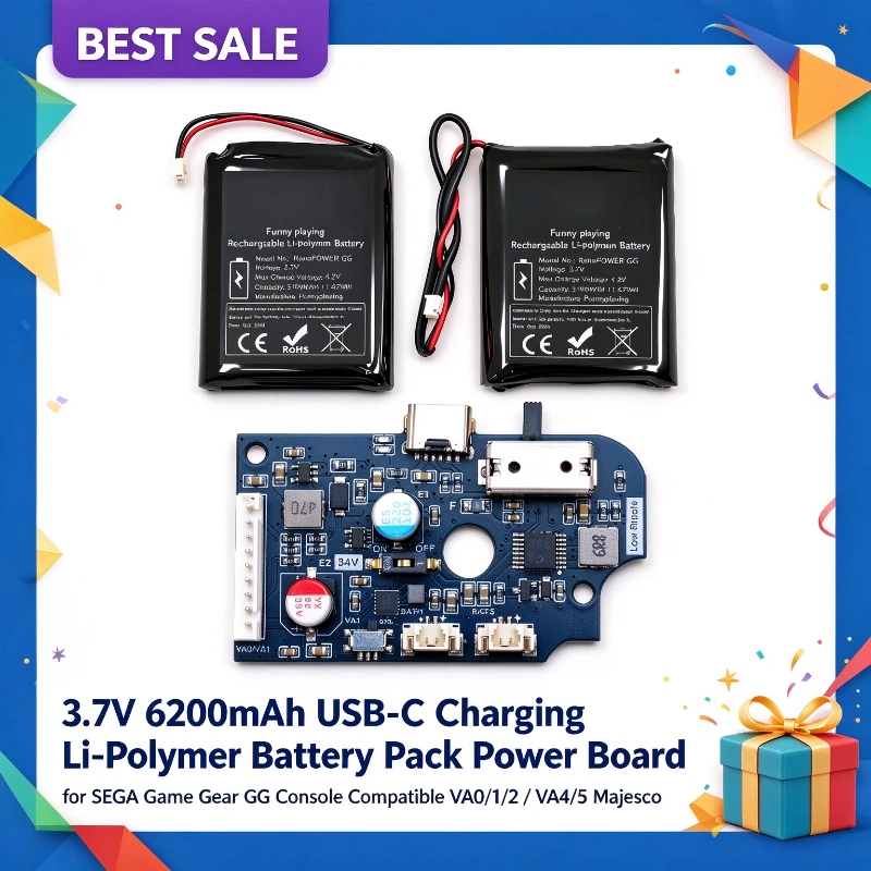 3.7V 6200mAh USB-C Charging Li-Polymer Battery Pack Power Board for SEGA Game Gear GG Console Compatible VA0/1/2 / VA4/5 Majesco