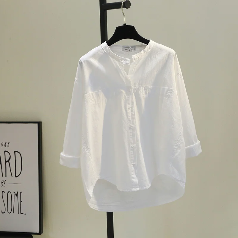 

Pure Cotton White Shirt Women's Design Sensation Spring Autumn Loose Fit Breathable V-Neck Long Sleeve Button up Casual Shirt