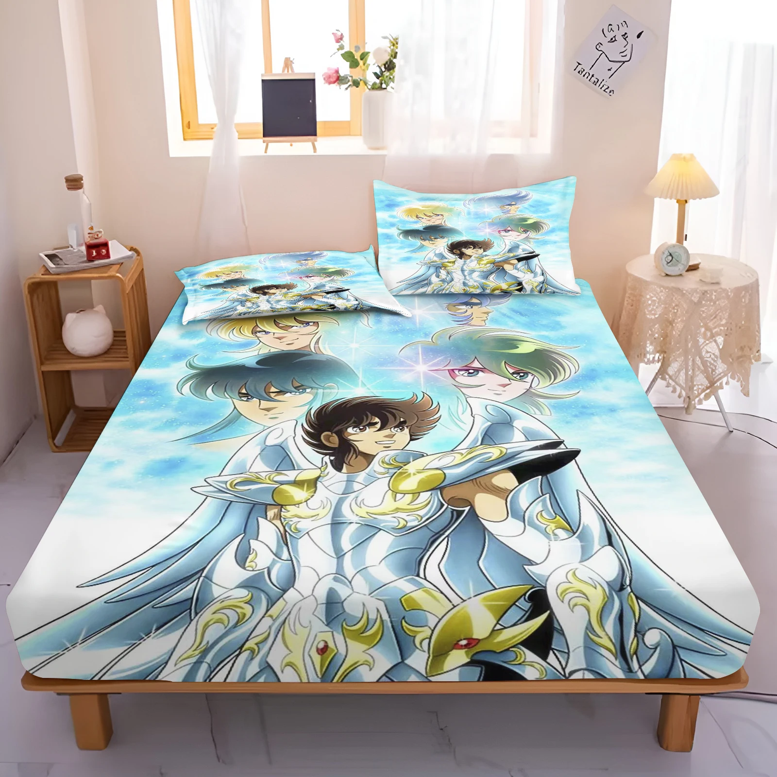 Saint Seiya Fitted Sheet Cover Cartoon for Teenager Children Elastic Bedding Cute Printing Sheets