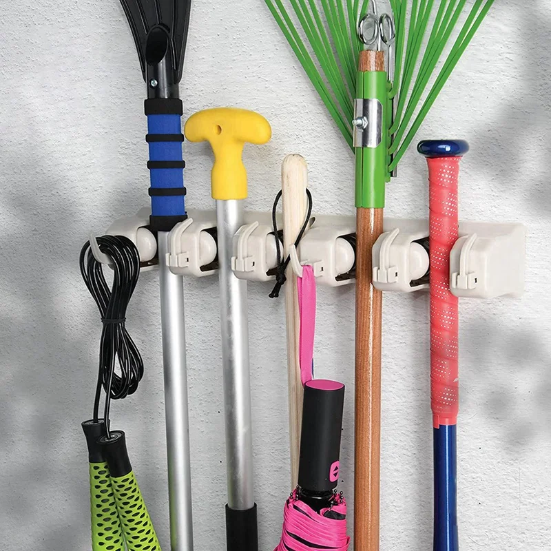 Mop And Broom Rack - Garage Storage System With 5 Slots, 6 Hooks - Gardening Tools For Homes, Kitchens, Garages, Laundry