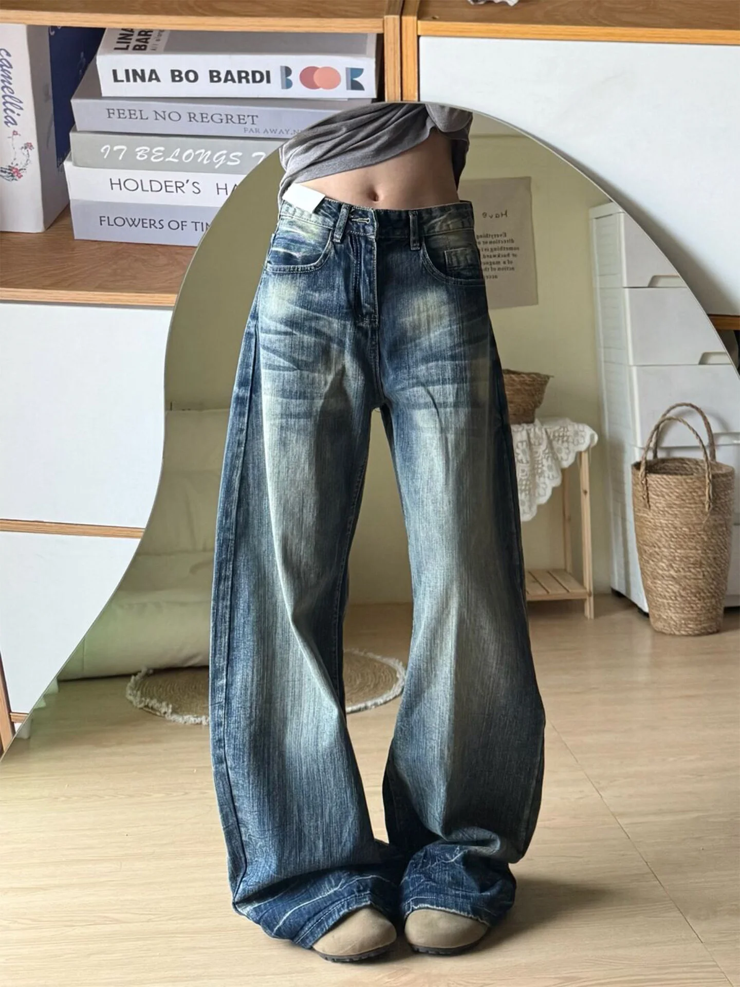 

Американские выцветшие прямые джинсы, женские осенне-зимние новые утягивающие ножи, супер красивые длинные в пол, свободные, широкие...