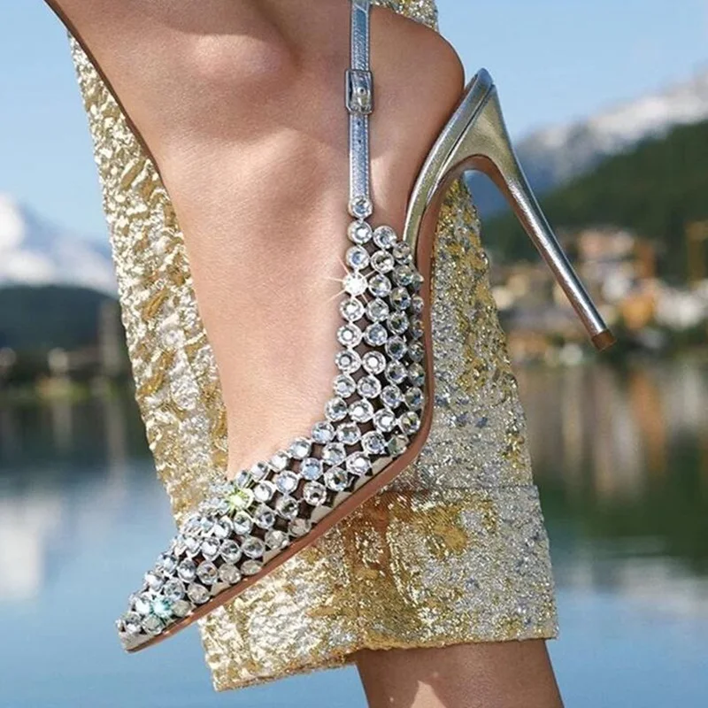 

Modern Rhinestone High Heels Slingback Pumps Pointed Toe High Heel Shinny Metallic Leather Sandals Runway Party Dress Shoes