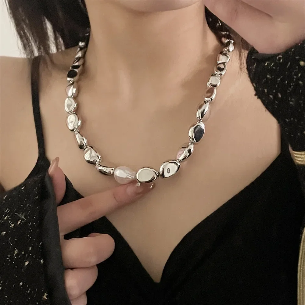 Vintage Silver-plate CCB Geometric Chain Artificial Pearl Necklace For Women Female Fashion Boho Y2K Girl Jewelry Gift