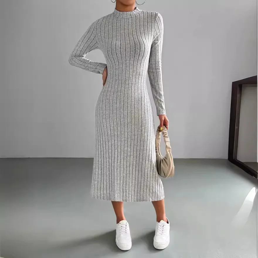 Women\'s 2024 autumn new casual mid length dress, European and American slim fit solid color knitted long sleeved dress