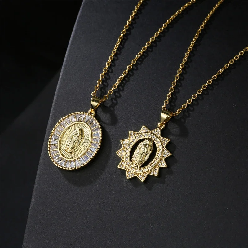 Vintage Virgin Mary Pendant Necklaces Retro Real Gold Color Plated Copper Micro Zircon Chain Choker Ornament New Listing