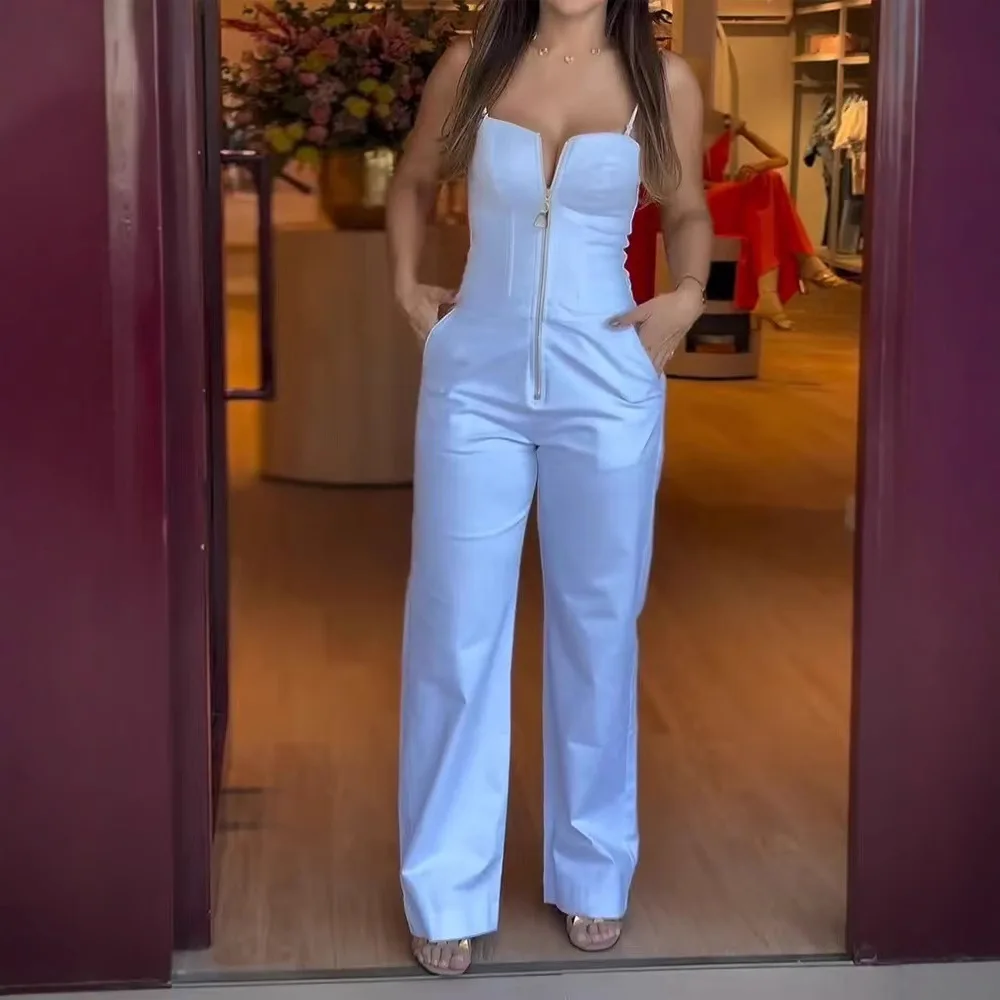 แฟชั่นY2k High Street Jumpsuitสําหรับผู้หญิง2025สปาเก็ตตี้เซ็กซี่Slim JumpsuitsสํานักงานElegantสีขาวSlim Romper