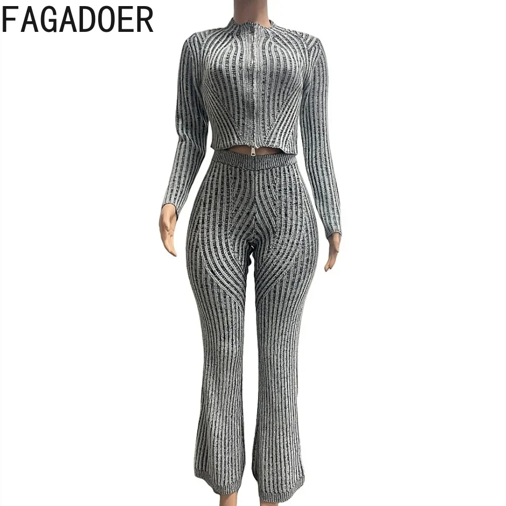 FAGADOER Autumn New Knit Casual 2 Piece Set Outfit Women Solid Zip Slim Crop Top and Flare Pants Suit Female Streetwear Clothing