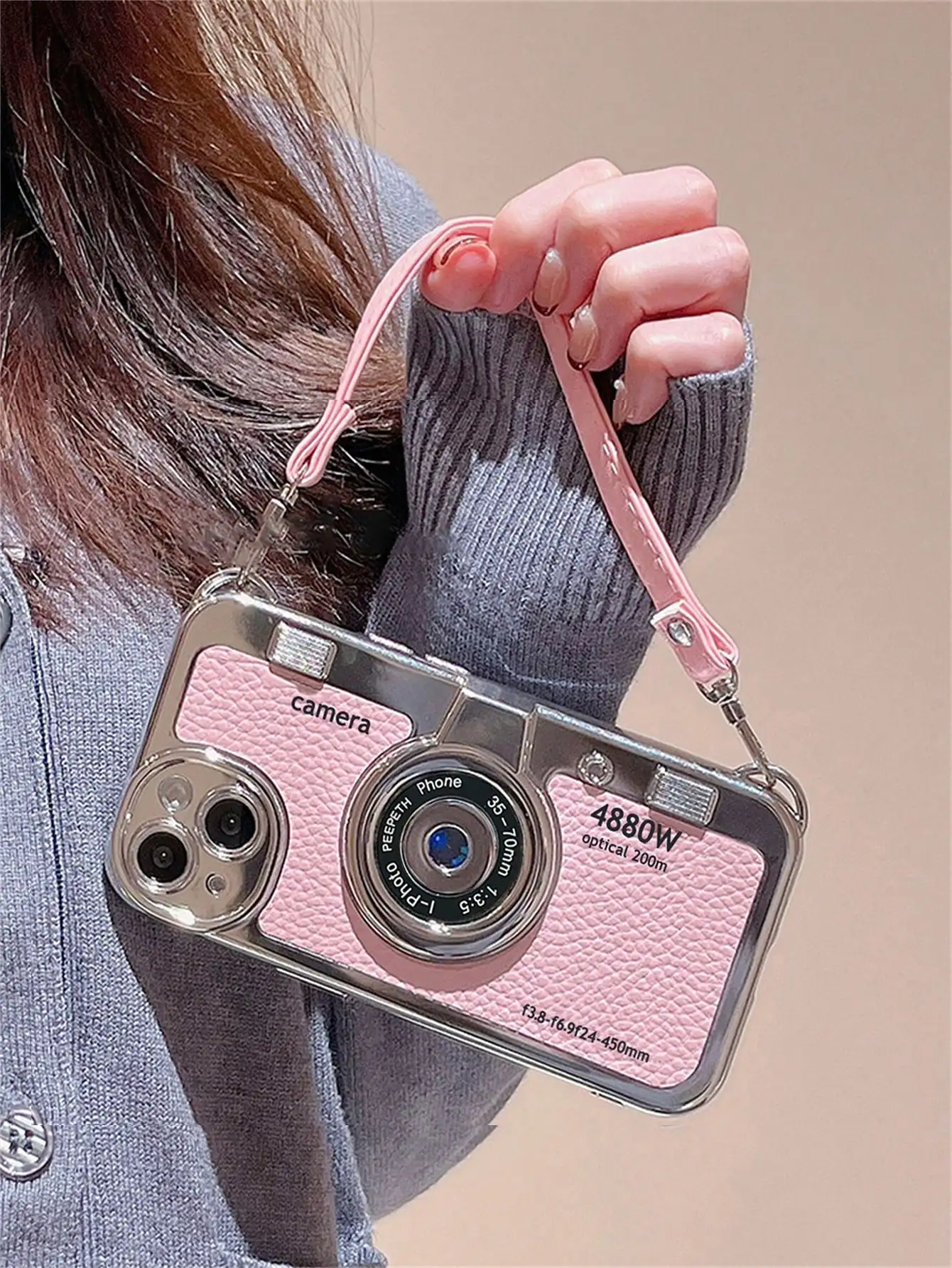Charm Compatible With IPhone 17 16 15 14 13 12 pro max Pink Camera Pattern Phone Case With Lanyard Kawaii