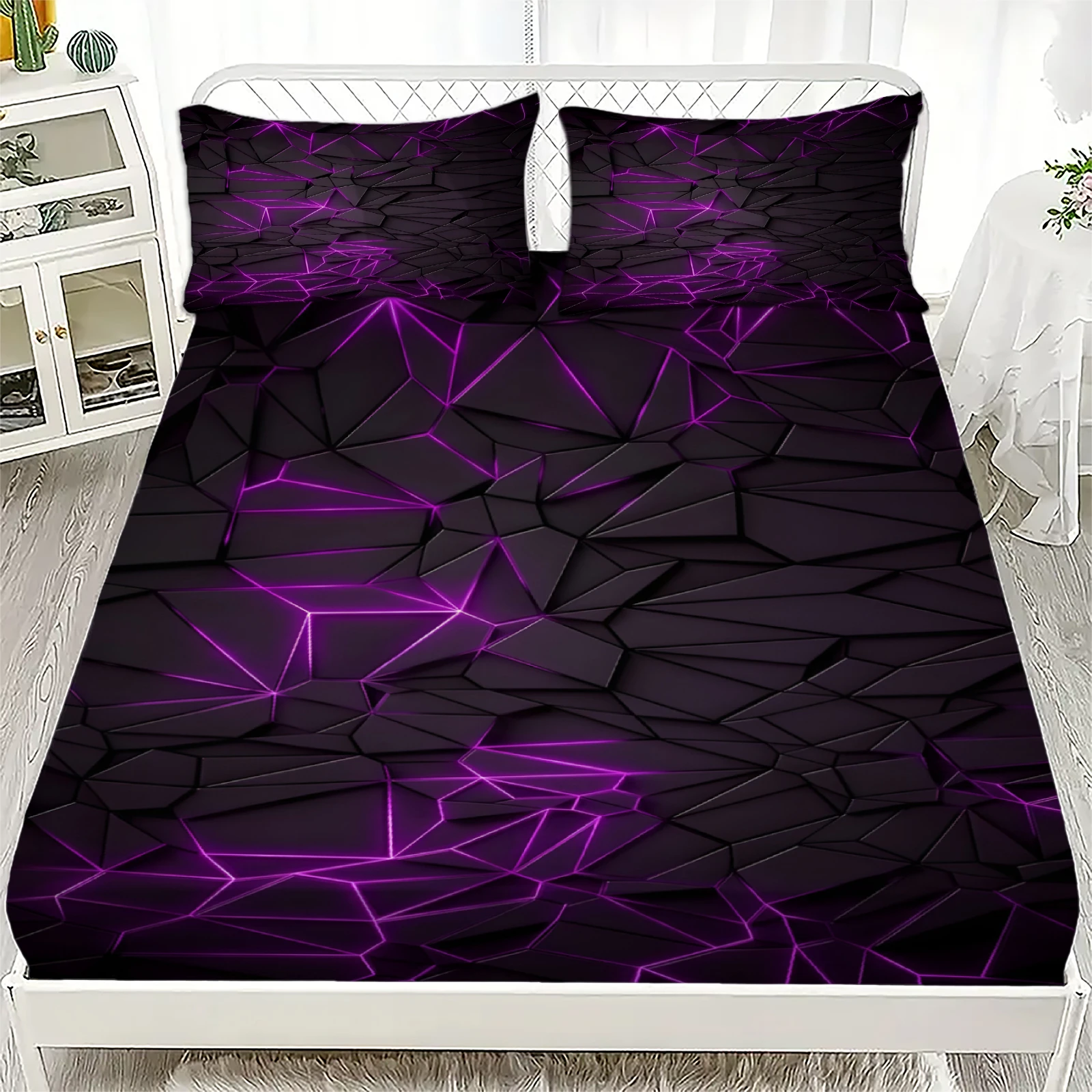 3pcs Fitted Sheet Set Visual Geometry Dizziness Print 100% Polyester Breathable Bedding Set for Home Decor with 2 Pillowcases