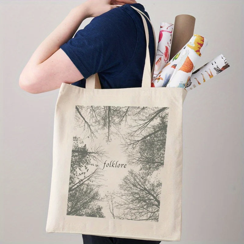 Einkaufstasche aus Segeltuch mit Pflanzengrafik, tragbare Umhängetasche mit Folklore-Druck, Taylor Merch Fashion, große Tragetasche für den Alltag – Detail 1