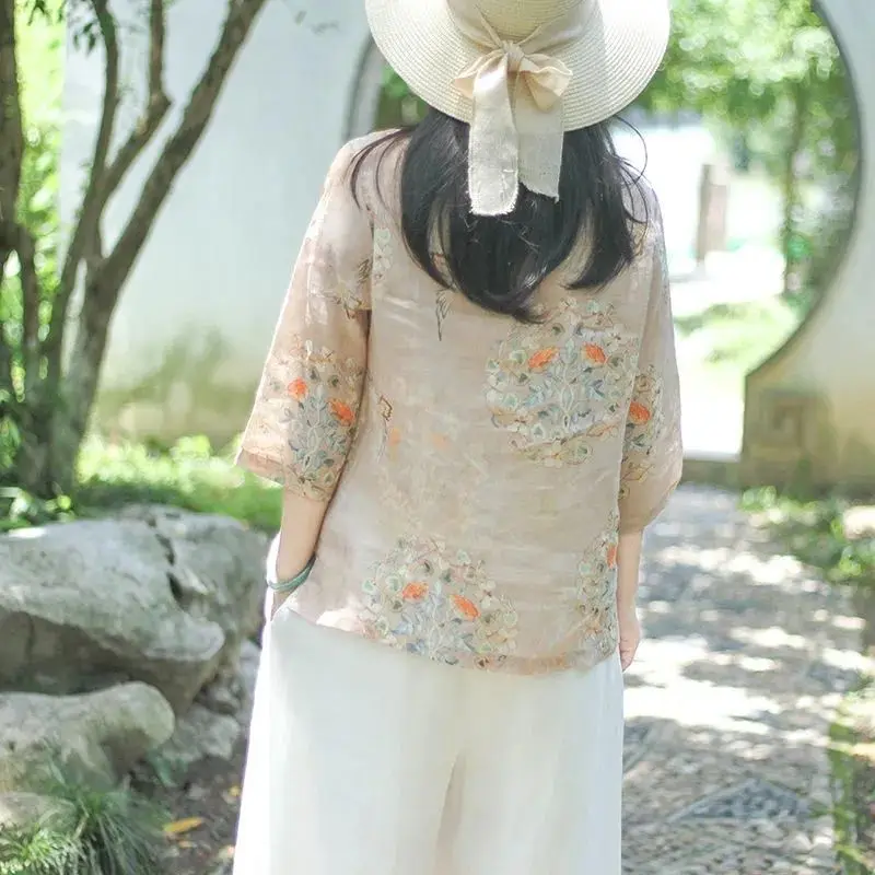 Women's Summer Chinese Style Retro Short Cotton Linen Top, Chinese Frog Button, Unique Printed Shirt, Trendy Elegant Blouse