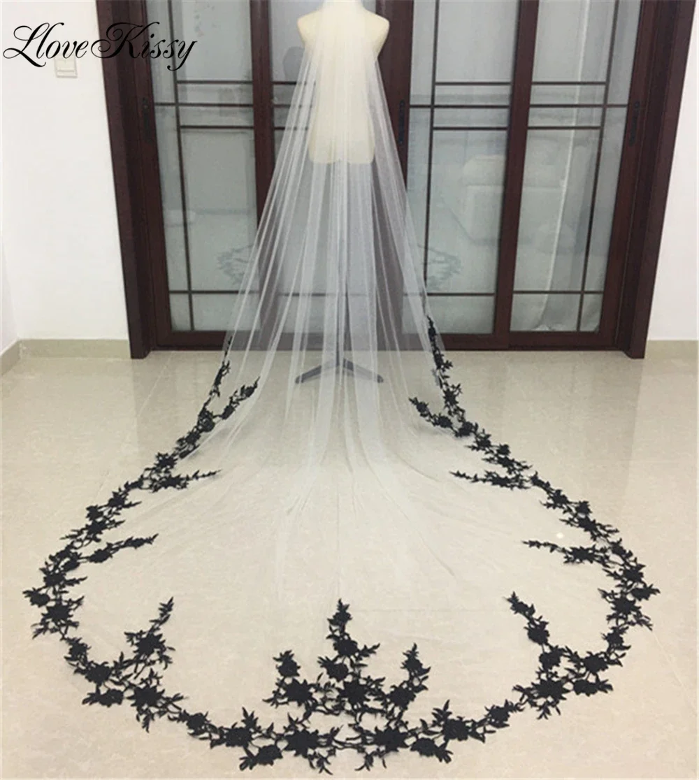 Voile de mariée long noir avec appliques en dentelle florale, élégant voile cathédrale pour patients, blanc ivoire, 300cm