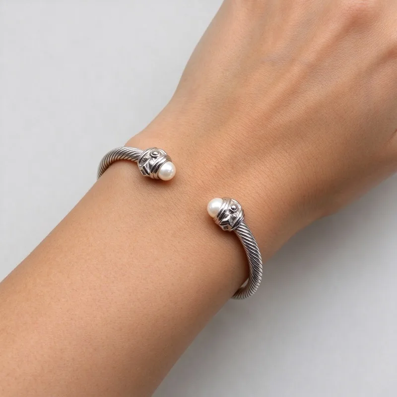 4mm Twisted Cable Cuff Bracelet with White Pearl Ends for Women High Quality Polished Silver Tone Alloy Engraved Caps Inlaid Round Pearls Open Bangle Elegant Vintage Jewelry for Wedding and Bridesmaid Party Christmas Birthday Anniversary Gift for Her