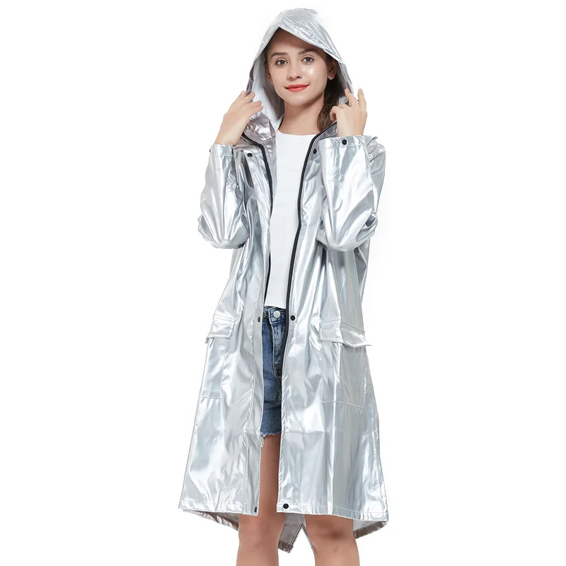 Adult Fashion Raincoat Poncho Silver  Cool Mid-Length Thickened Non-Disposable  Rain Jacket Women 판초의 우의