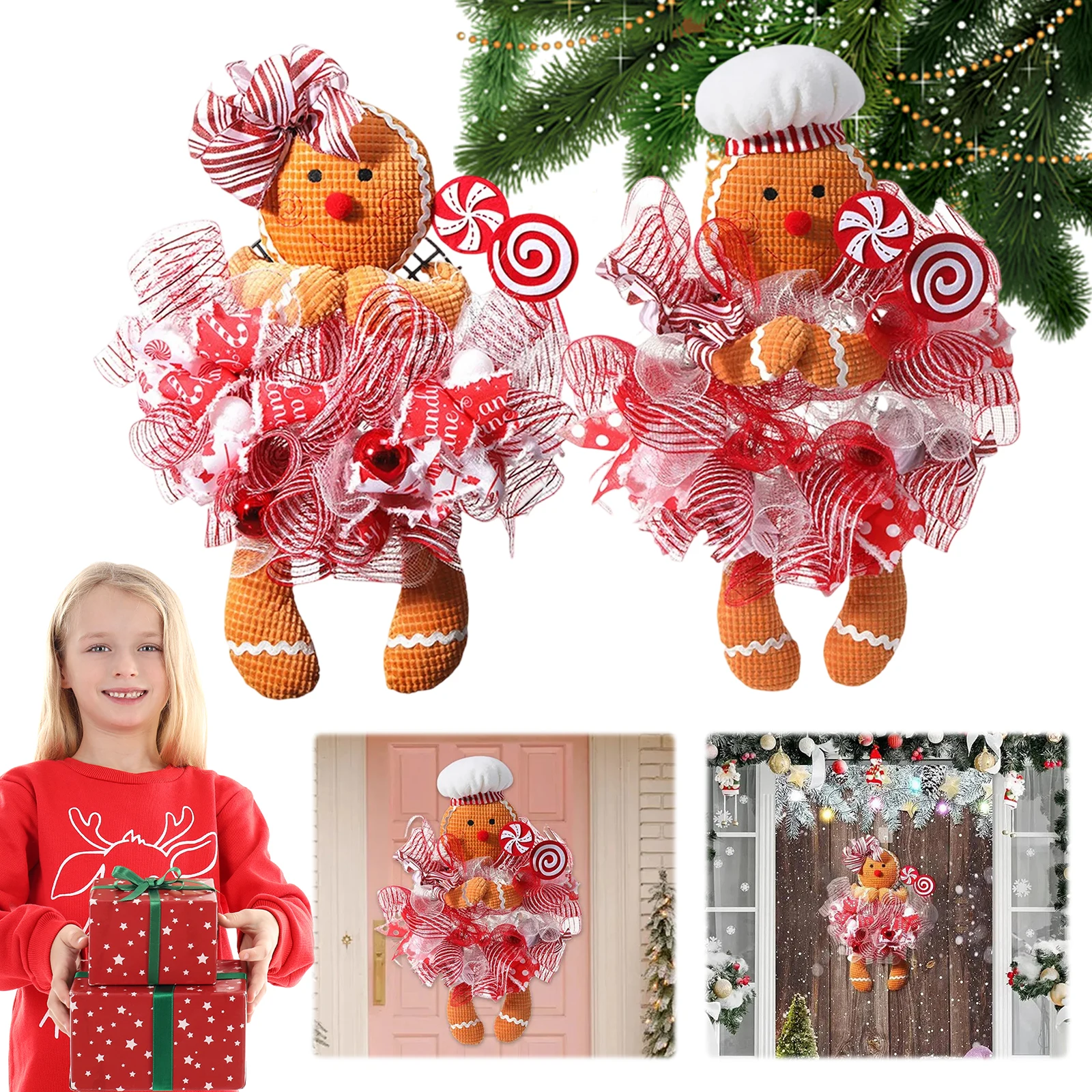 

Рождественский венок с пряничным человечком, подвесная декорация для дома и улицы, украшение на дверь