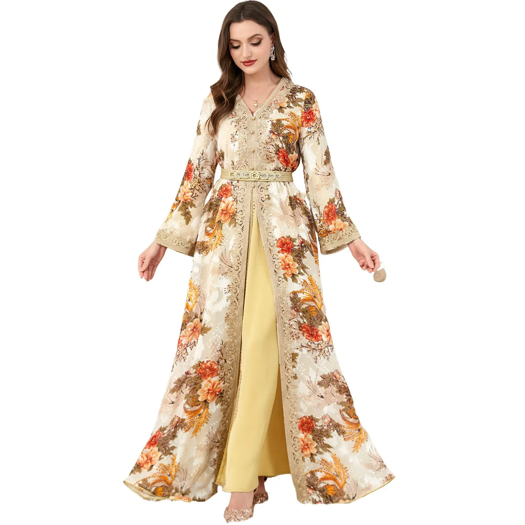 Fashion Printed Muslim Set 2ps Casual Saudi Abaya Dubai Dress for Women Muslim Dress Women Moroccan Kaftan Turkish Femme Vestido