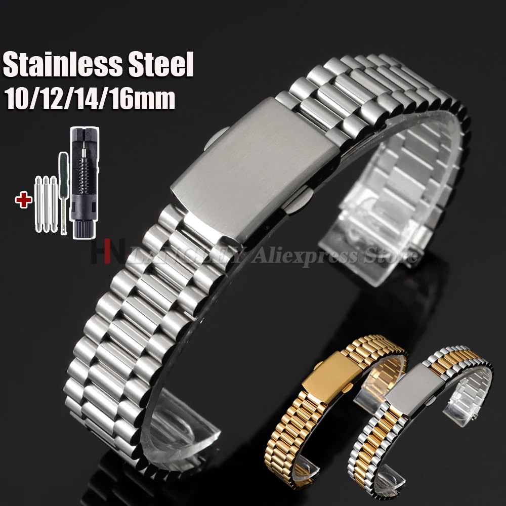 Silber-Gold Edelstahl Uhrenarmband 10mm 12mm 14mm 16mm Metall-Armband mit Faltschließe für Herren und Damen Universeller Ersatz-Uhrenriemen