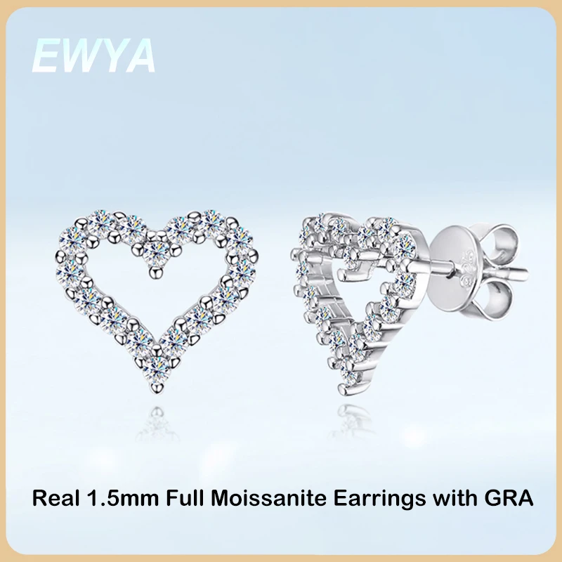 EWYA Real Moissanite Diamond Stud Earrings for Women S925 Sterling Silver White Gold Plated Earring Ear Studs Fine Jewelry Gift