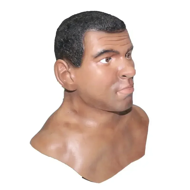 رجل أسود واقعي نموذج ذكر اللاتكس تمويه الملاكم علي قناع علوي كامل زي ملحق MN3