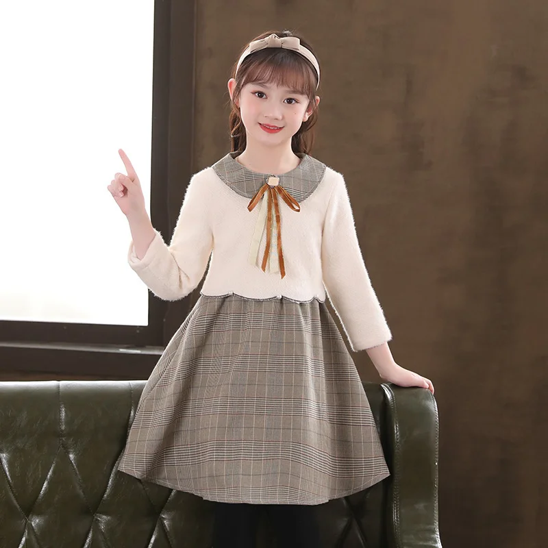 

Girls mink fake two-piece dress 2021 winter dress new children's foreign style girls Plush sweater princess skirt