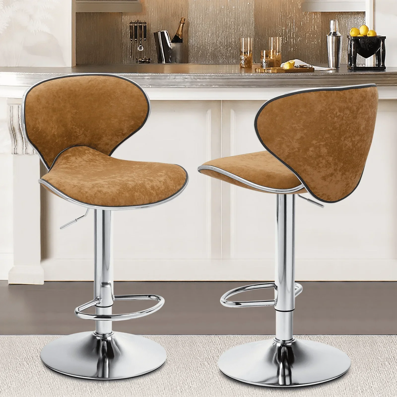 Set of 2 Velvet Adjustable Height Lift Bar Stools wit Curved Seat, Swivel Barstools Kitchen Counter Height Chairs, Cinnamon