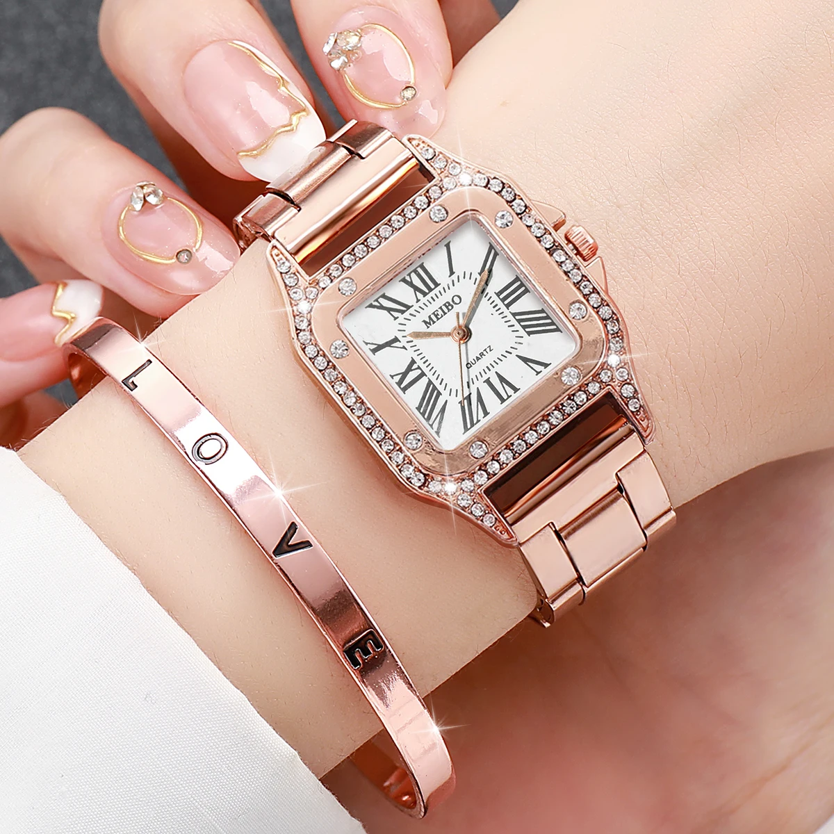 2PCS Fashion Square Women Watches Luxury Rhinestone Steel Band Ladies Quartz Watch Bracelet Set Reloj Mujer（Without Box）