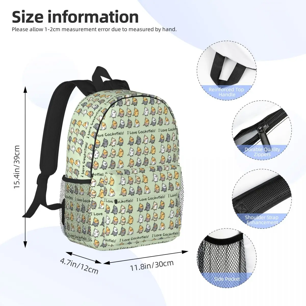Birds Cockatiel Budgie Parrot Backpack Daypack Large Capacity Boys Girls BookBag Shoulder Bags for Men Women Children School Bag