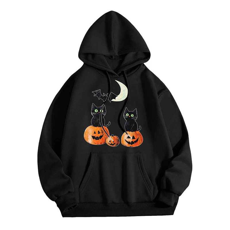 

Halloween Pumpkin Men Long Sleeve Hooded Drawstring Sweatshirt Pocket Fashion Casual All-match Loose Couple Clothes Daily Unisex