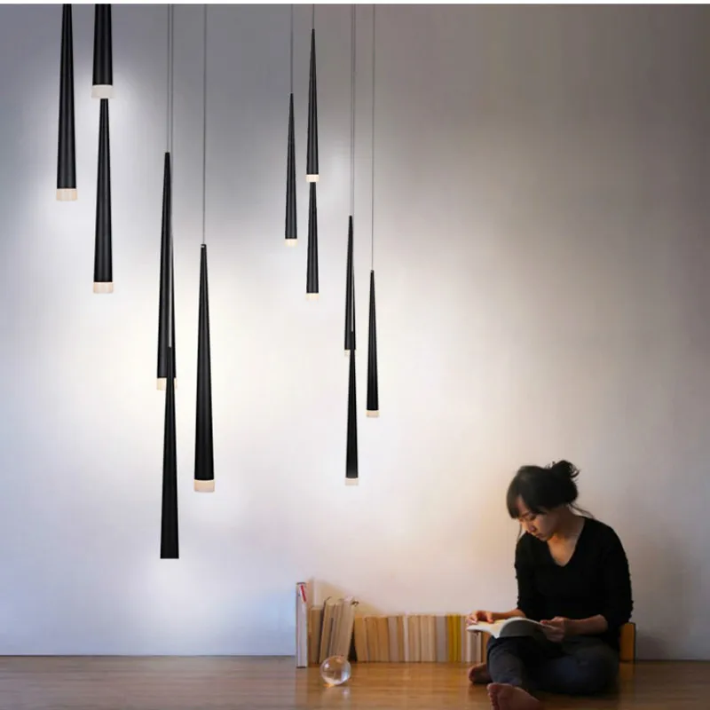 

Aluminum Black LED cone pendant light for dining room Bar stairwell spiral led strip pendant lamp luminaire Villa Stair lighting