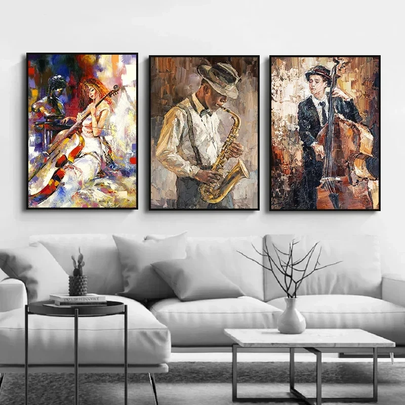 Music Jazz Saxophone Violin Cello Guitar Piano Vintage Art Posters Canvas Oil Painting Wall Prints Pictures for Room Home Decor
