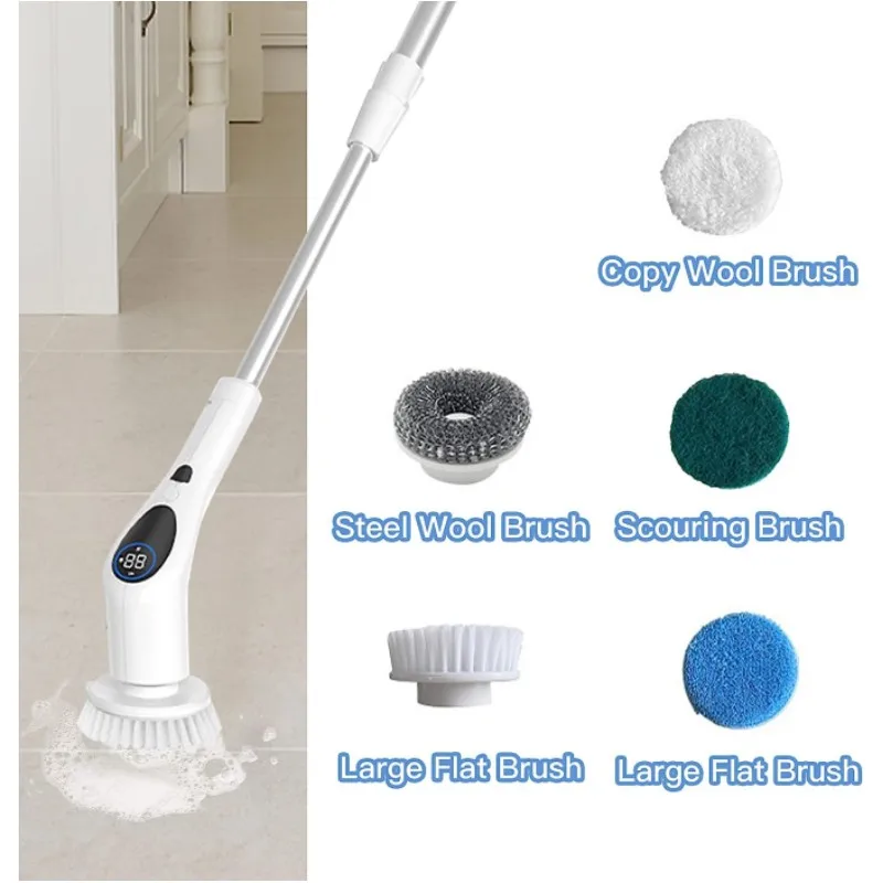 9 Replaceable Heads for Electric Spin Scrubber Shower Cleaning Brush with LCD Screen Voice Broadcast for Bathroom Floor