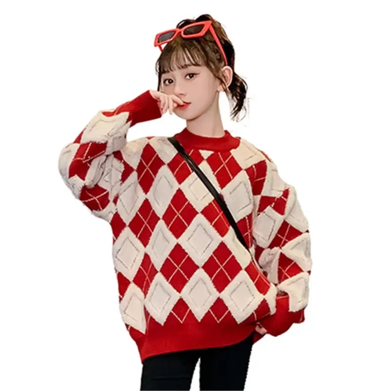 

High Trendy Kids Diamond Pattern Sweater For Teen Girl New Spring Knitted Clothes Outerwear Children Fashion Geometric Knitwear