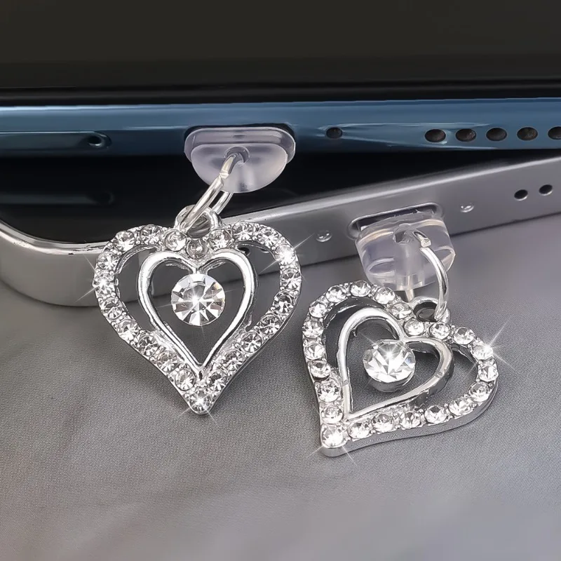 Diamond Heart Shaped Mobile Phone Dust Plugs DIY Cellphone Anti-dust Plug Charging Port Protectors Hanging Pendant Decoration